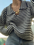 Kukombo Stripe Lapel Neck Chain Decor Sweater