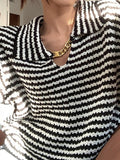 Kukombo Stripe Lapel Neck Chain Decor Sweater