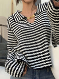 Kukombo Stripe Lapel Neck Chain Decor Sweater