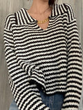 Kukombo Stripe Lapel Neck Chain Decor Sweater