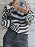 Kukombo Stripe Lapel Neck Chain Decor Sweater