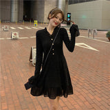 Kukombo Sweater Dress Women Long Sleeve V-neck Office Knitted Dress Female Vintage Lace One-piece Dress Korea 2023 Autumn Winter