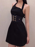 Kukombo Gothic Solid Black Halter Dresses For Women Summer Party Mini Dress 90s Aesthetics Slim Clubwear Female A-Line Outfits