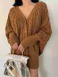 Kukombo V-Neck Single-Breasted Hemp Pattern Cardigan Sweater