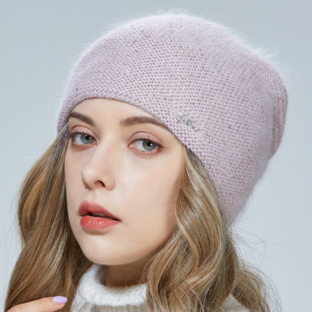 Women hat Knitted double layer for warmth Angora wool Front diamond decoration For girl Three-dimensional sewing