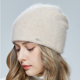 Women hat Knitted double layer for warmth Angora wool Front diamond decoration For girl Three-dimensional sewing