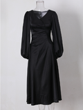 Kukombo Zjkrl Elegant Dress For Women V Neck Lantern Sleeve High Waist Solid Ruched Minimalist Midi Dresses Female Clothing Style
