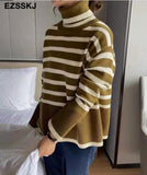 Christmas Gift 2021 striped oversize Turtleneck Sweater for Women female Knitted casual split side Long Sleeve loose sweater