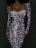 Kukombo - Vzyzv Snakeskin Print Lace Stitching Dress, Elegant Bodycon Square Neck Dress For Spring & Fall, Women's Clothing