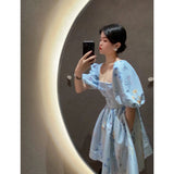 Kukombo Summer Wrap Bandage Mini Dress Korean Fashion A-line Short Dress for Women Elastic High Waist Blue Vintage Clothing