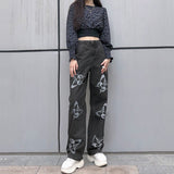Kukombo Streetwear Print Straight Baggy Jeans Casual Vintage Long Denim Pants Ladies High Waist Jeans Mom Capri