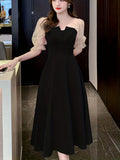 Kukombo - Vzyzv Contrast Mesh Ruffle Dress, Elegant Puff Sleeve Evening Party Dress, Women's Clothing