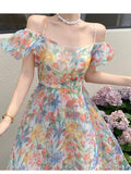 Kukombo Summer Floral Design Elegant Midi Dresses Women Short Sleeve Vintage Strap Dresses One Shoulder One Piece Dress