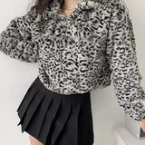 Kukombo Leopard Plush Drawstring Coat