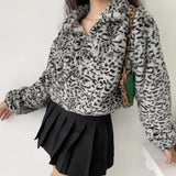 Kukombo Leopard Plush Drawstring Coat