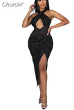Kukombo Glitter Sequin Evening Party Birthday Dress for Women Sexy Backless Split Bodycon Long Dresses