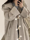 Kukombo Loose Horn Button Hooded Long Woolen Coat