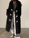 Kukombo Loose Horn Button Hooded Long Woolen Coat