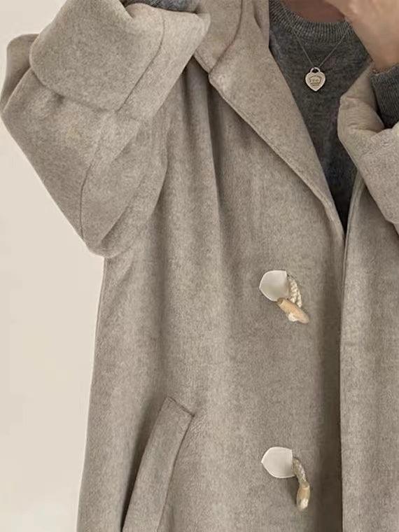 Kukombo Loose Horn Button Hooded Long Woolen Coat