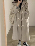 Kukombo Loose Horn Button Hooded Long Woolen Coat