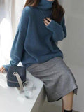 Kukombo Casual Loose Long Sleeves Solid Color High-Neck Sweater Tops