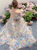 Kukombo Summer Floral Design Elegant Midi Dresses Women Short Sleeve Vintage Strap Dresses One Shoulder One Piece Dress