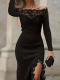 Kukombo - Vzyzv Contrast Lace Off-shoulder Dress, Chic Long Sleeve Split Hem Slim Dress, Women's Clothing