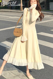 Kukombo Sweater Dress Women Long Sleeve V-neck Office Knitted Dress Female Vintage Lace One-piece Dress Korea 2023 Autumn Winter