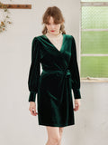 Kukombo V-neck Green Velvet Wrap Dress