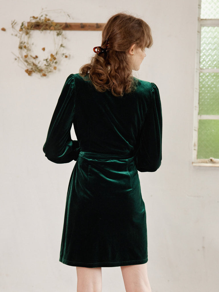 Kukombo V-neck Green Velvet Wrap Dress