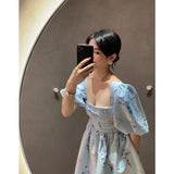 Kukombo Summer Wrap Bandage Mini Dress Korean Fashion A-line Short Dress for Women Elastic High Waist Blue Vintage Clothing