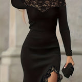 Kukombo - Vzyzv Contrast Lace Off-shoulder Dress, Chic Long Sleeve Split Hem Slim Dress, Women's Clothing