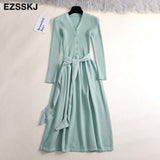 Christmas Gift 2021autumn winter v-neck maxi sweater dress women OL female long sweater dress with belt elegant a-line solid slim dress