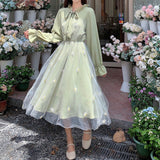 Kukombo Spring College Chiffon Long Sleeve Fairy Dress Party Green Dresses Kawaii Clothes Women Clothing Harajuku Korean Lace Fashion