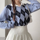Christmas Gift Casual Loose Autumn Winter Knitted Sweater Women Argyle Long Sleeve Jumper Ladies Preppy Style Pullover Knitwear