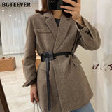 Christmas Gift BGTEEVER Autumn Winter Vintage Houndstooth Woolen Blazer Jackets for Women Double Breasted Belted Female Outwear with belt 2021