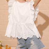 Kukombo Christmas Gift 2022 Summer Fashion Solid Color Ruffled Slim Shirt Ladies Hollow Sleeveless Minimalist Shirt Girl Round Neck Stitching Shirt