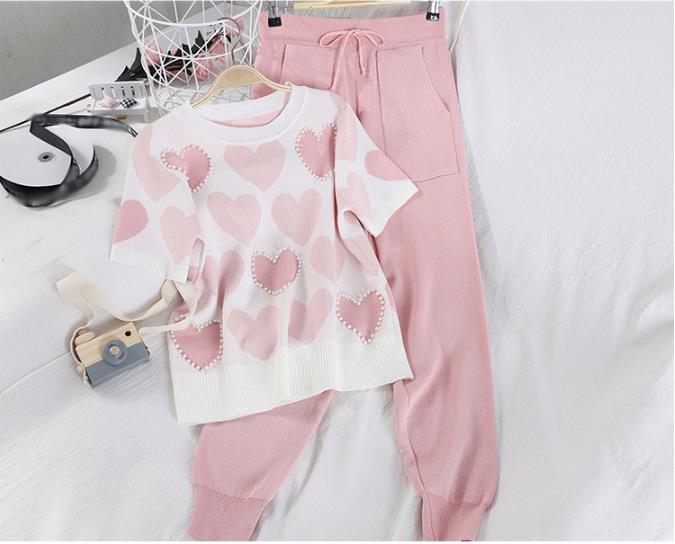 Christmas Gift Fashion Sweet Lovely Beaded Ageing Hoodie with Sleeves + High Waist Double Pocket Lace-up Pants Women's Knitted Two-Piece Set
