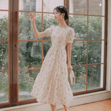 Kukombo Summer Short Sleeve Chiffon Fairy Dress Women 2022 Round Neck Elegant Beaded Backless Sexy Print Lace Puff Sleeve Sweet Vestido