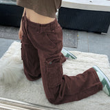 Kukombo Vintage Khaki Wide Leg Cargo Jeans High Waist Big Pockets Baggy Denim Trousers Casual Oversized Pants Street Sweatpants