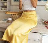 Kukombo New Summer Satin High Waisted Silk Skirts Women Silk Office Female Basic A-line Skirt Chic Elegant Ladies Skirt