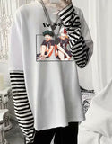 Black Friday Sales Rainbow Sleeve Harajuku T-Shirt Women's Stitching Long Sleeve T-Shirt Stripe Printing O-Neck Chic Tops 2022 Summer Streetwear