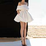 Kukombo Slash Neck Elegant Party Dress For Women Ruffles High Waisted Mini Bodycon Dress Female Short Sleeve Runway White Clothing