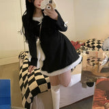 Kukombo Winter Black Lolita Mini Dress Women Casual Fur Party Kawaii Clothing Female Korean Fashion Bow Sweet One Piece Dress 2022