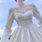 Kukombo Fairy Dress Retro Square Collar Floral Vestidos Sweet Robe Femme White Dress Party Elegant Bridesmaid Dress High Quality Female