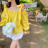 Kukombo Yellow Off The Shoulder Shirts Women Autumn New Style Long Sleeve Tops Fashion Loose Bow Bandage Blouses Female