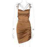 Kukombo Satin Women Strap Mini Dress Ruched Lace Up Cross Bandage Backless Bodycon Sexy Party Elegant 2022 Club Christmas Slim K13