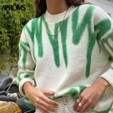 Christmas Gift Aproms Green Stripes Print Oversized Sweaters Women Winter Korean Fashion Long Pullovers Christmas Streetwear Loose Outwear 2022