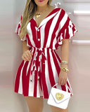 Kukombo Striped Colorblock Ruffles Shirt Dress Women Short Sleeve V Neck Mini Work Dres