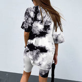 Kukombo  2022 New Casual Tie Dye Women Two Piece Sets With Belt Home Loose Sports Tracksuits Fashion Leisure Bicycle Suit Summer Clothing
